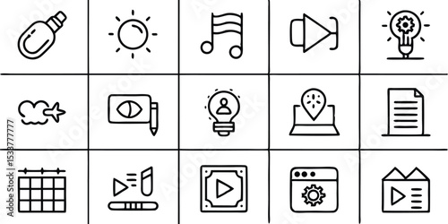 Collection of outline icons representing music video content media and modern web design