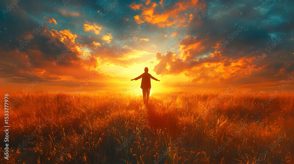 Fototapeta premium Golden Hour Serenity: A Person Silhouetted in a Vibrant Sunset Field Illustration