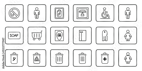 Hand drawn icons representing public amenities and facilities in a square composition