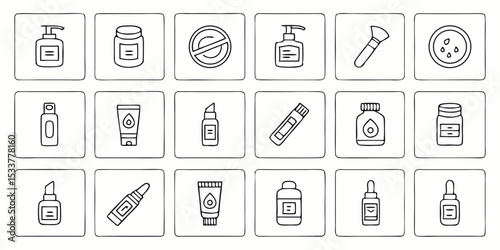 Minimalist hand-drawn skincare products and beauty icons in square frames for design