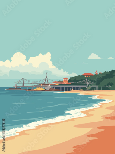 Chittagong — Patenga Beach, Shah Amanat Bridge, Chittagong Railway Station in ocean blue, rust orange, cream, and steel