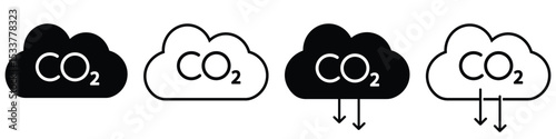 Cloud co2 reduction vector icons. Cloud co2 symbol with down arrow vector outline and silhouette icon set. Reduce co2 gas icon set. carbon reduction cloud sign. Vector illustration.