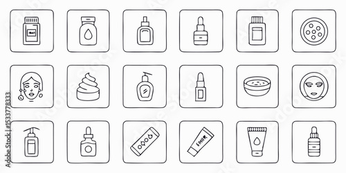 Simple line art illustrations of various skincare products and facial treatments