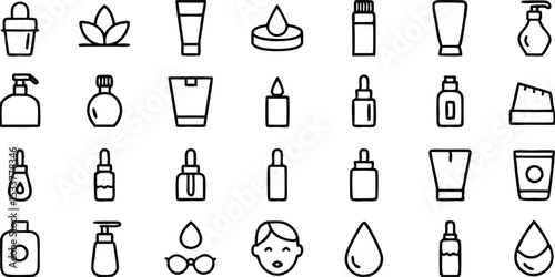 Simple and minimalistic outline illustrations of skincare products and beauty icons