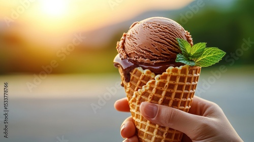 Hand holding chocolate ice cream cone at sunset