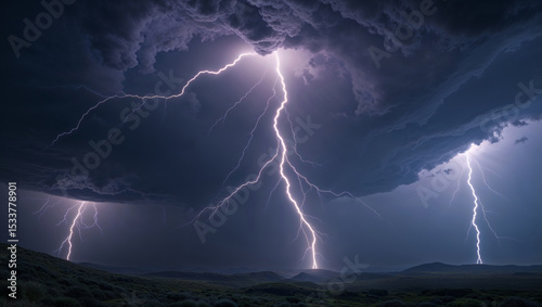 Powerful and dramatic lightning storm over rolling hills under a darkened sky