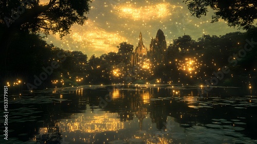 Mirror-like lake reflecting a fantastical twin realm glowing stars above and glowing lights beneath the water surreal magical landscape
