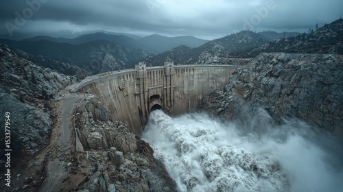 A massive dam releases a powerful torrent of water into a rocky valley under a cloudy sky.