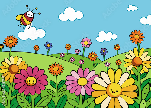 Coloring book for Field of flowers with bees flying around them field of flowers with bees flying around them