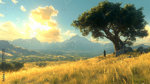 Golden Meadow Sunset Landscape Illustration: Serene Valley View with Solitary Figure and Majestic Mountains