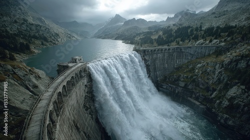A massive dam releases water into a river surrounded by rocky mountains under a cloudy sky.