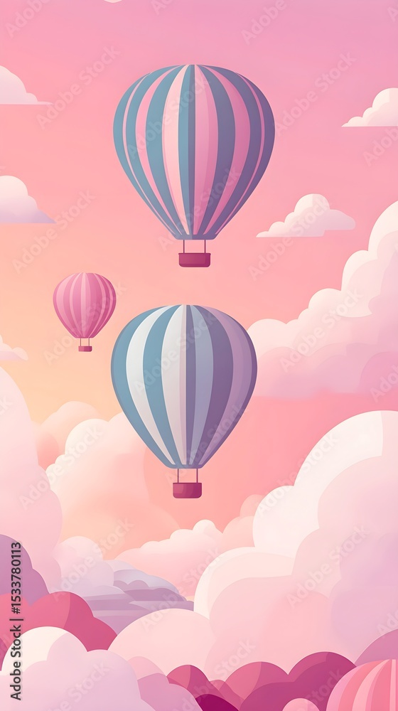 Obraz premium Whimsical Hot Air Balloons Floating Over Pastel Pink Sky with Fluffy Clouds for Dreamy Backgrounds