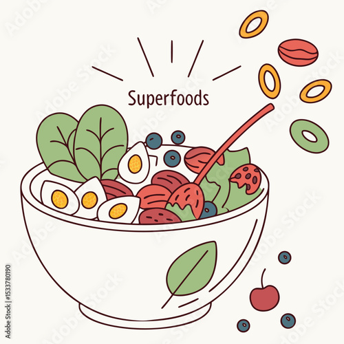Superfoods in bowl – labeled flat vector