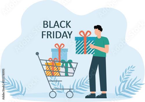 Friday Shopping,Set of Black Friday shopping carts with shopping bags, gift boxes and big tag
