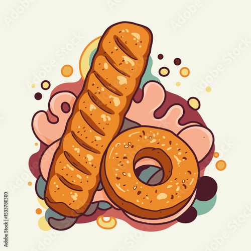Sweet pastry and donut illustration on colorful background  