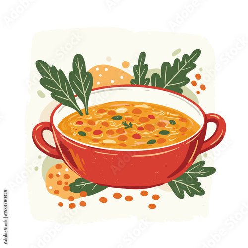 Bright red bowl of lentil soup garnished with herbs and vegetables  