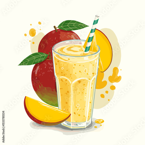 Fresh fruit smoothie in glass with apple and mango slices  