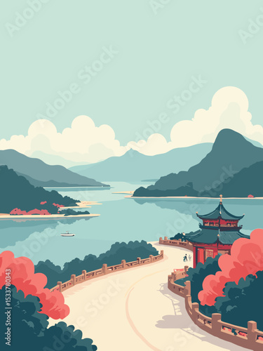 Xiamen — Gulangyu Island, Nanputuo Temple, Huandao Road in lagoon blue, coral, cream, and pebble grey