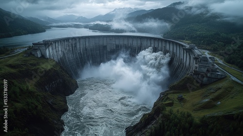 A large curved dam releasing powerful water flow, surrounded by lush green hills and misty mountains under a cloudy sky.