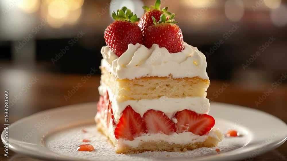 A slice of strawberry cake topped with fresh strawberries and whipped cream is served in a cozy restaurant setting