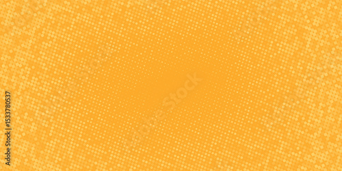 Yellow halftone pattern. Retro comic gradient background. Bright orange pixelated dotted texture overlay modern arts dotted