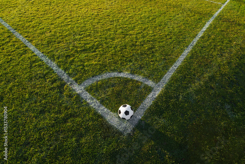 a soccer ball on the green grass on the line on corner in soccer stadium. corner kick.