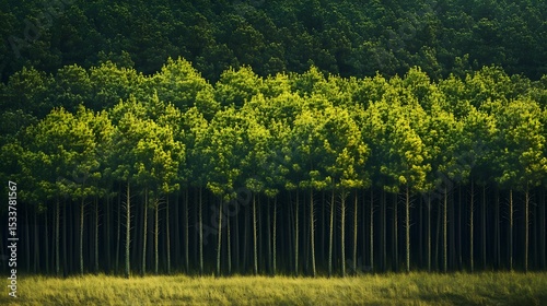 Expansive Scene of a Meticulously Planted Pine Grove Exhibiting Vertical Growth Through Intense Sunlight Competition