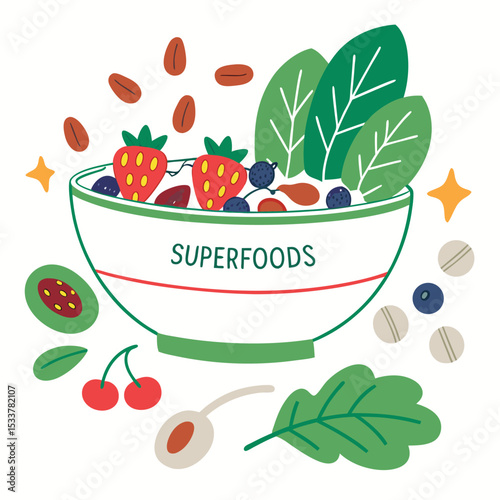Superfoods in bowl – labeled flat vector