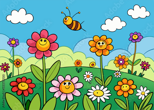 Coloring book for Field of flowers with bees flying around them field of flowers with bees flying around them