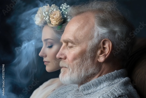 Eternal bond echo: sacred farewell, tender loss, aged spirit, nostalgic reflection, invisible sorrow, loving parting, peaceful memory, soulful presence, quiet grief, afterlife warmth