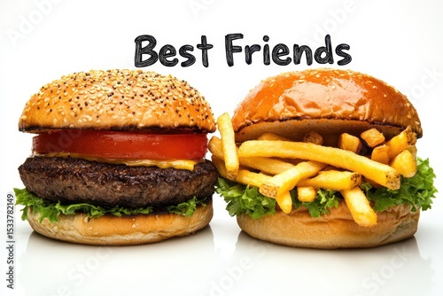 Delicious Burgers with Fries and Friendship Theme on White Background