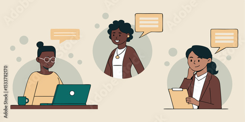 Diverse women engaging in virtual communication and collaborative brainstorming