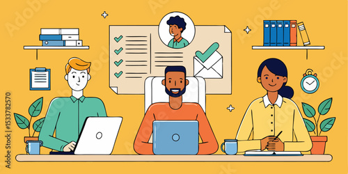 Team of professionals collaborating on a project with laptop computers and documents