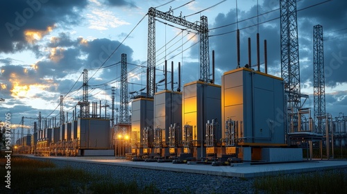 Electrical substation at sunset with transformers and high-voltage power lines against a dramatic sky.