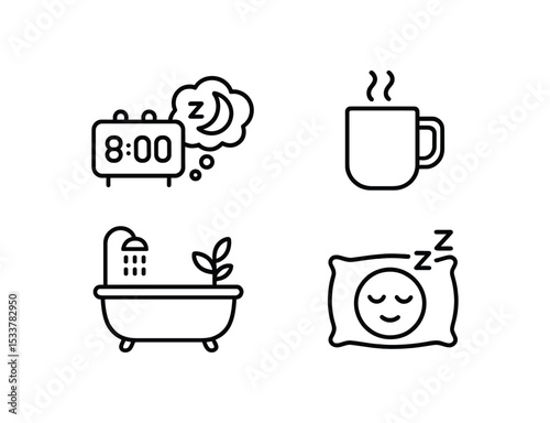 Simple sleep and relaxation icons - alarm, mug, bath, pillow vector line icon illustration