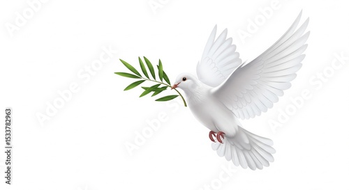A white dove gracefully flies with an olive branch in its beak, symbolizing peace and hope.