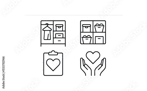 Minimalist storage icons with hearts: wardrobe, boxes, clipboard, hands vector line icon illustration