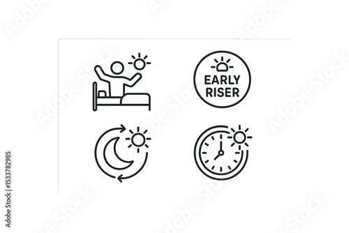Icons of early rising: bed, sun, moon, clock symbols vector line icon illustration