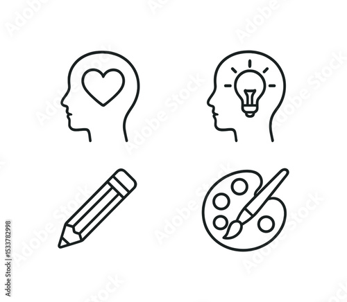 Outline icons of creative thinking and art tools: heart, lightbulb, pencil, palette vector line icon illustration