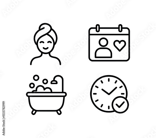Self-care icons set: woman, calendar, bathtub, clock vector line icon illustration