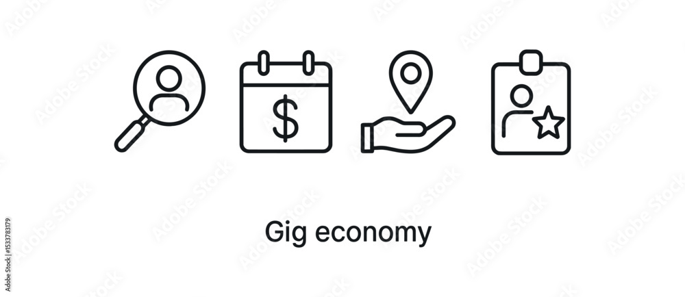 Fototapeta premium Gig economy icons: search, calendar, location, badge vector line icon illustration
