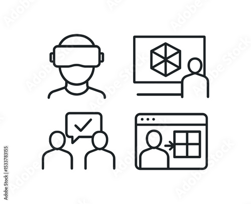 Line art: virtual reality, presentation, discussion, online communication icons vector line icon illustration