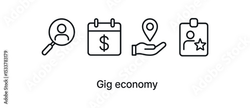 Gig economy icons: search, calendar, location, badge vector line icon illustration