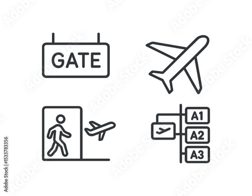 Airport icons: gate sign, airplane, passenger, flight directions symbols vector line icon illustration