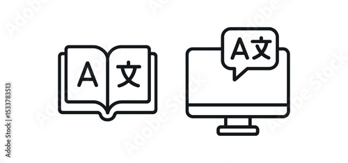 Translation tools icon: book and computer with language symbols vector line icon illustration