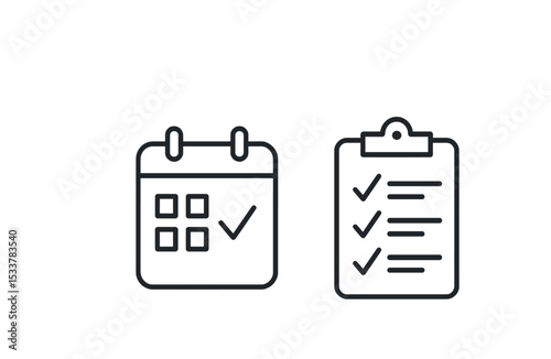 Simple calendar and checklist icons with checkmarks for organization vector line icon illustration