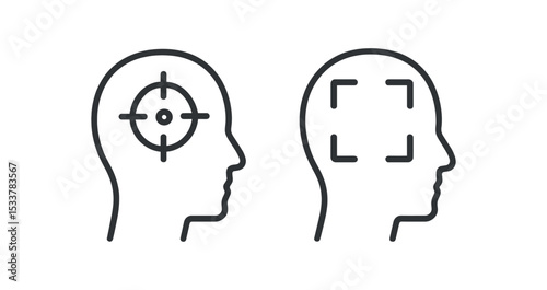 Outline of human heads with targets and focus icons illustrating conceptual thinking vector line icon illustration