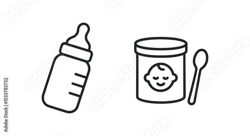 Baby bottle and food jar icon set for infant care vector line icon illustration
