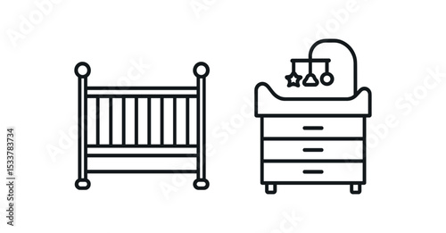 Line art of baby crib and changing table with mobile vector line icon illustration