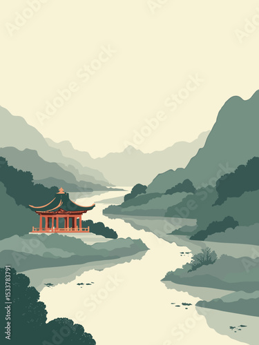 Ningbo — Tianyi Pavilion, Dongqian Lake, Ningbo Museum in misty grey, sea green, cream, and terra cotta